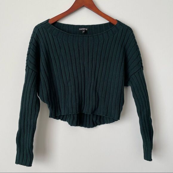 Express Wide Neck Knit Cropped Sweater Green NWOT S - Picture 2 of 4